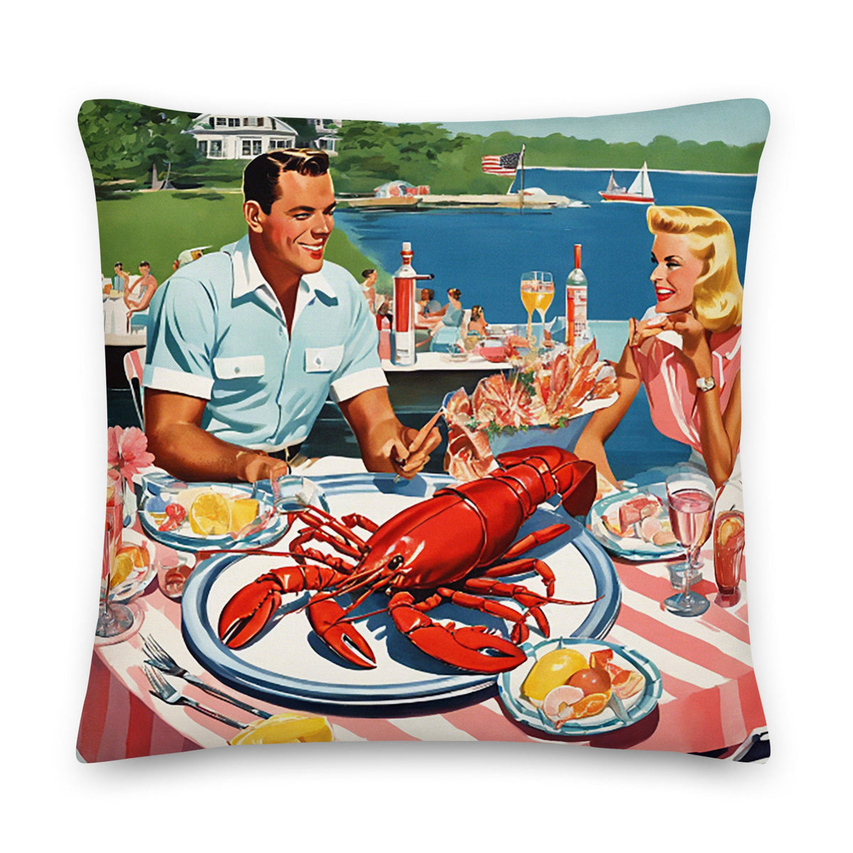Bar Harbor Lobster Lunch throw pillow in blue and red by The Happy Fun Shop, photo 2 of 2