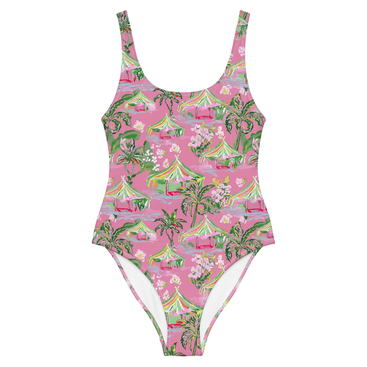 Palm Beach Tiki Hut Coastal Preppy One-Piece Swimsuit