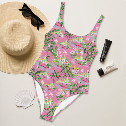 Palm Beach Tiki Hut Coastal Preppy One-Piece Swimsuit