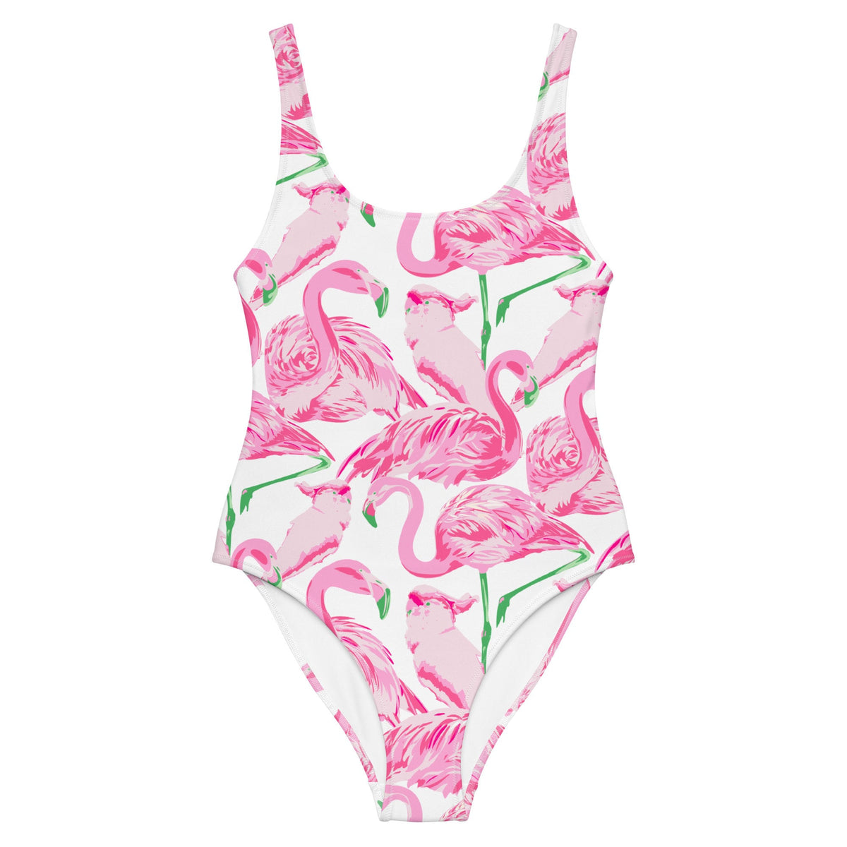 Palm Springs Flamingo Coastal Pink one-piece swimsuit in pink and white by The Happy Fun Shop, photo 2 of 10