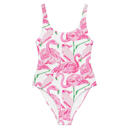 Palm Springs Flamingo Coastal Pink one-piece swimsuit in pink and white by The Happy Fun Shop, photo 2 of 10