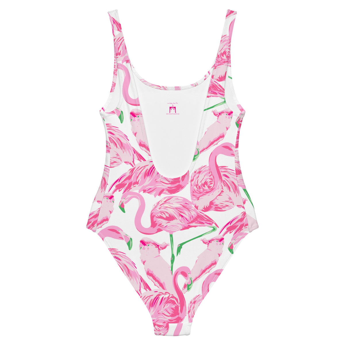 Palm Springs Flamingo Coastal Pink one-piece swimsuit in pink and white by The Happy Fun Shop, photo 7 of 10