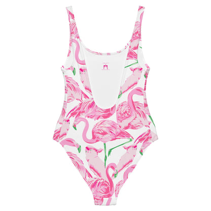 Palm Springs Flamingo Coastal Pink one-piece swimsuit in pink and white by The Happy Fun Shop, photo 7 of 10