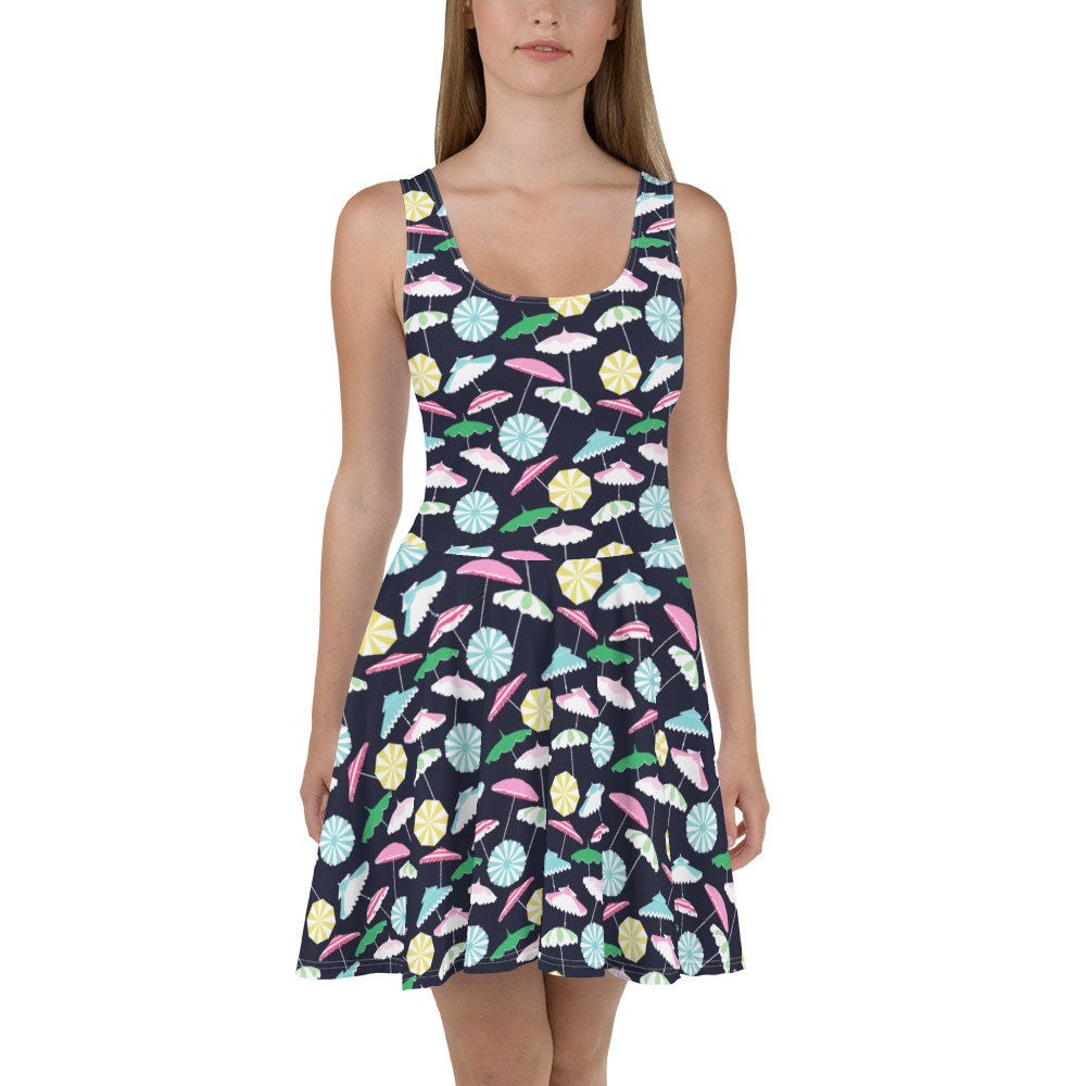 Beach Umbrella Party skater dress in pink and navy by The Happy Fun Shop, photo 3 of 10