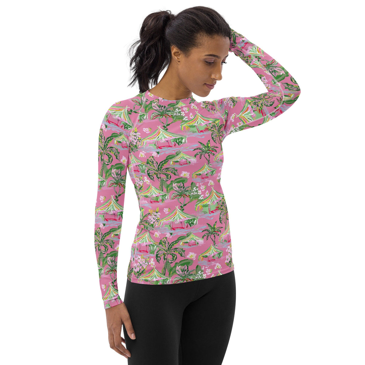Palm Beach Tiki Hut Coastal Preppy Women's Rash Guard UPF 50+