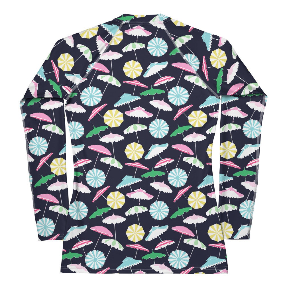 Beach Umbrella Party UPF 50+ rash guard in pink and blue by The Happy Fun Shop, photo 5 of 6