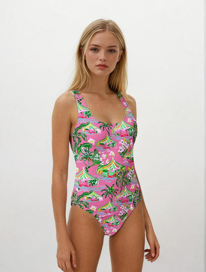 Palm Beach Tiki Hut Coastal Preppy One-Piece Swimsuit