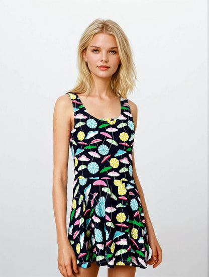 Beach Umbrella Party skater dress in pink and navy by The Happy Fun Shop, photo 1 of 10