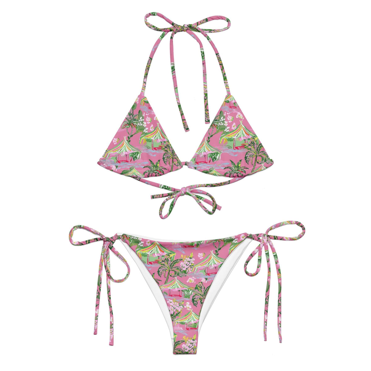 Palm Beach Tiki Hut Pink string bikini in pink by The Happy Fun Shop, photo 2 of 9