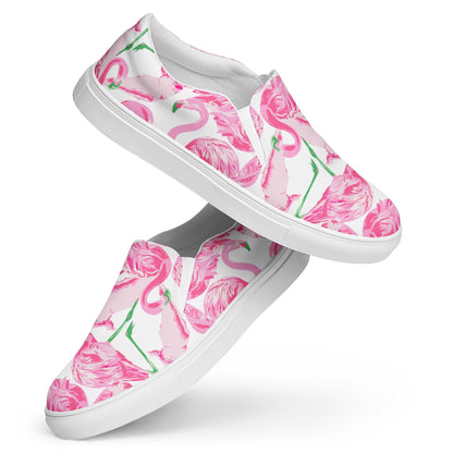 Palm Springs Flamingo Women’s slip-on canvas shoes in pink by The Happy Fun Shop, photo 1 of 8