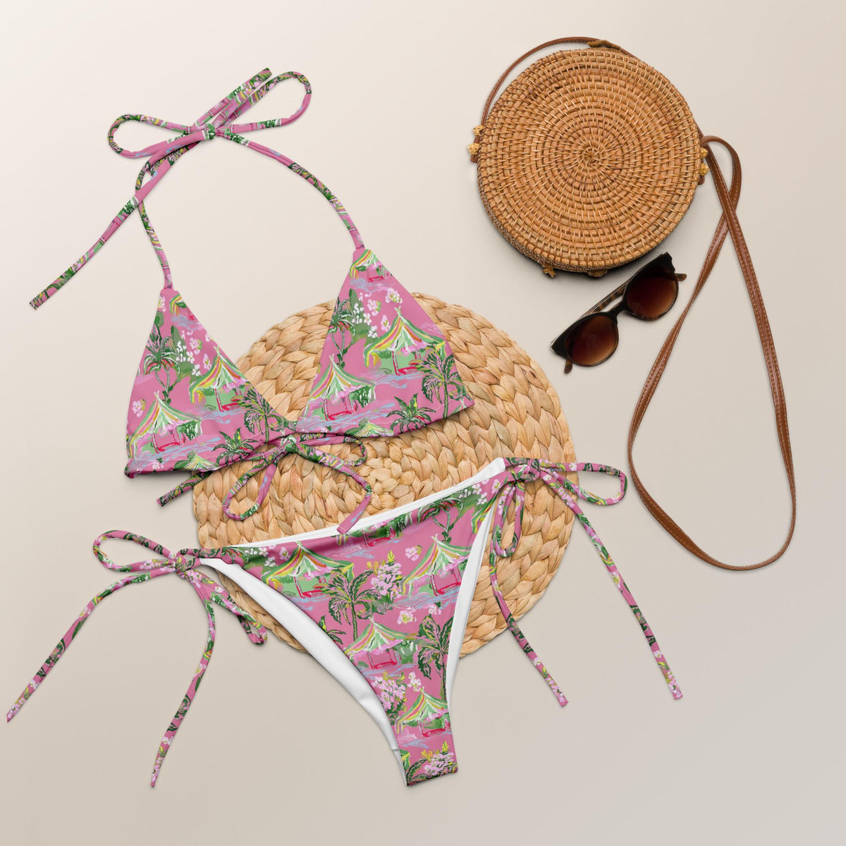 Palm Beach Tiki Hut Pink string bikini in pink by The Happy Fun Shop, photo 5 of 9