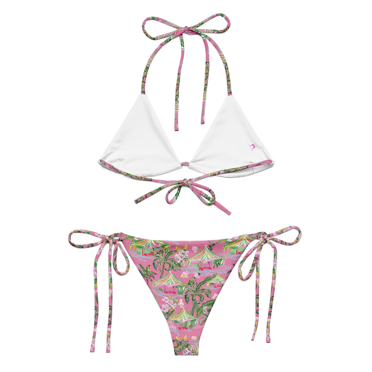 Palm Beach Tiki Hut Pink string bikini in pink by The Happy Fun Shop, photo 6 of 9