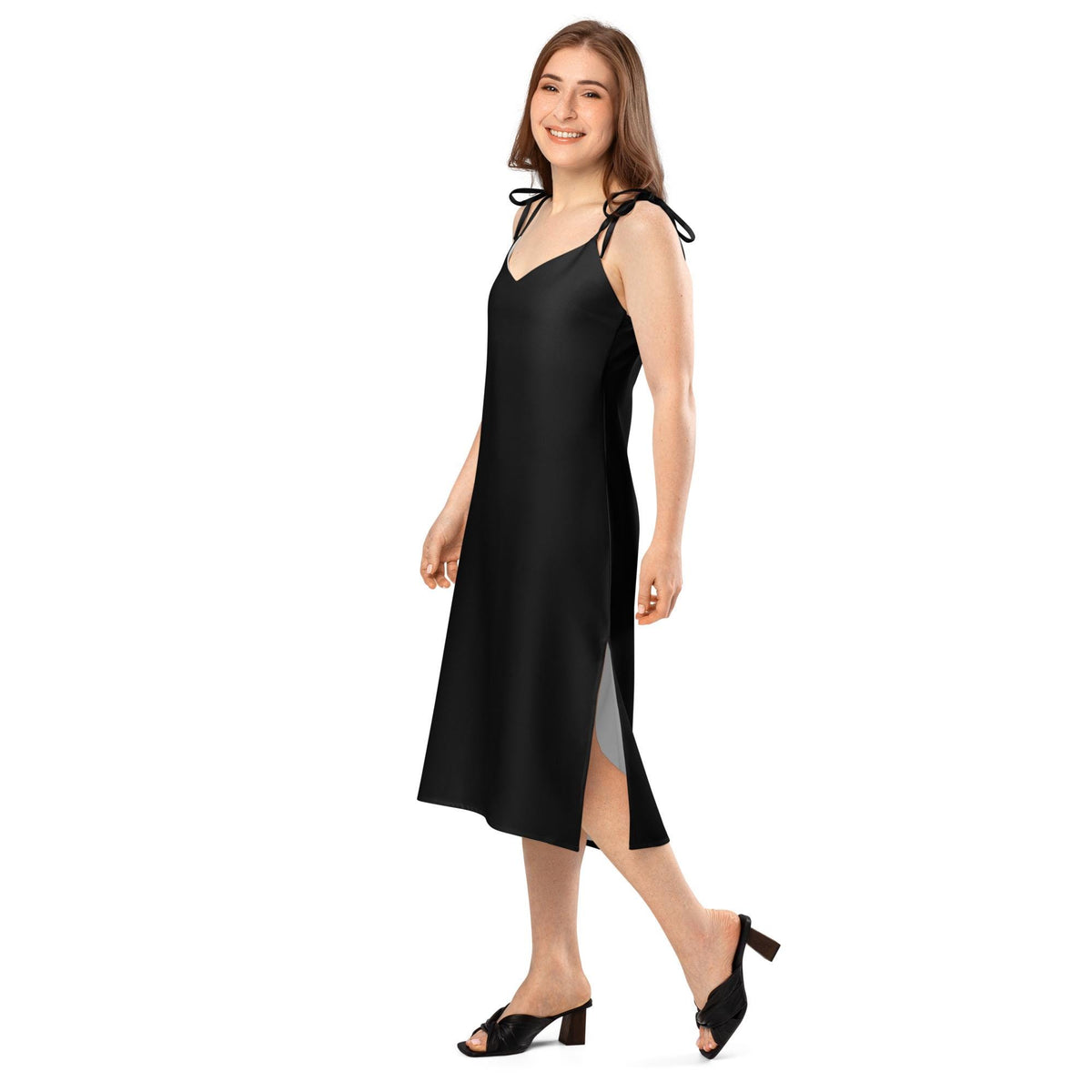 Jersey Knit Black Tie-strap midi dress womens casual