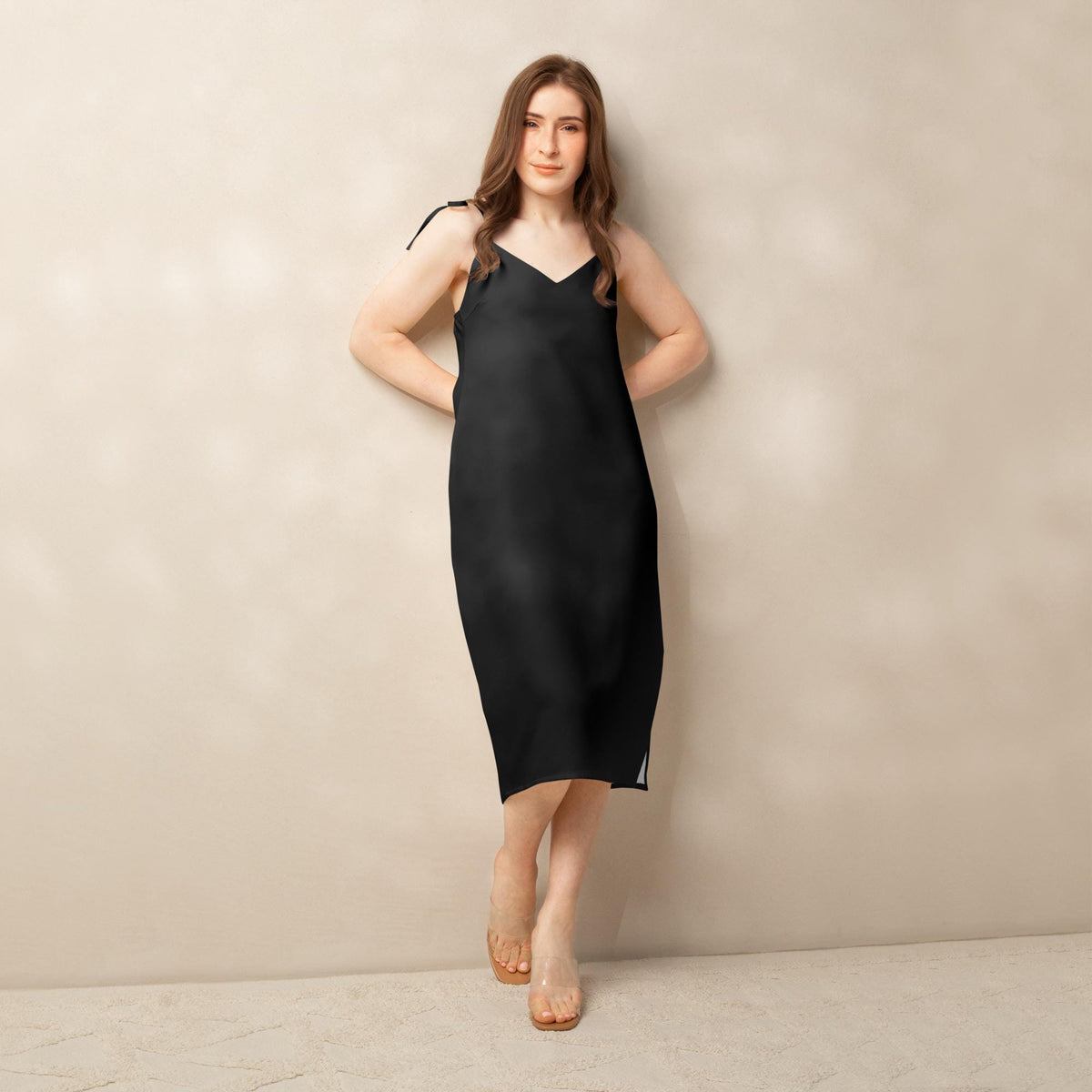 Jersey Knit Black Tie-strap midi dress womens casual