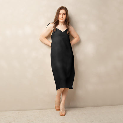 Jersey Knit Black Tie-strap midi dress womens casual