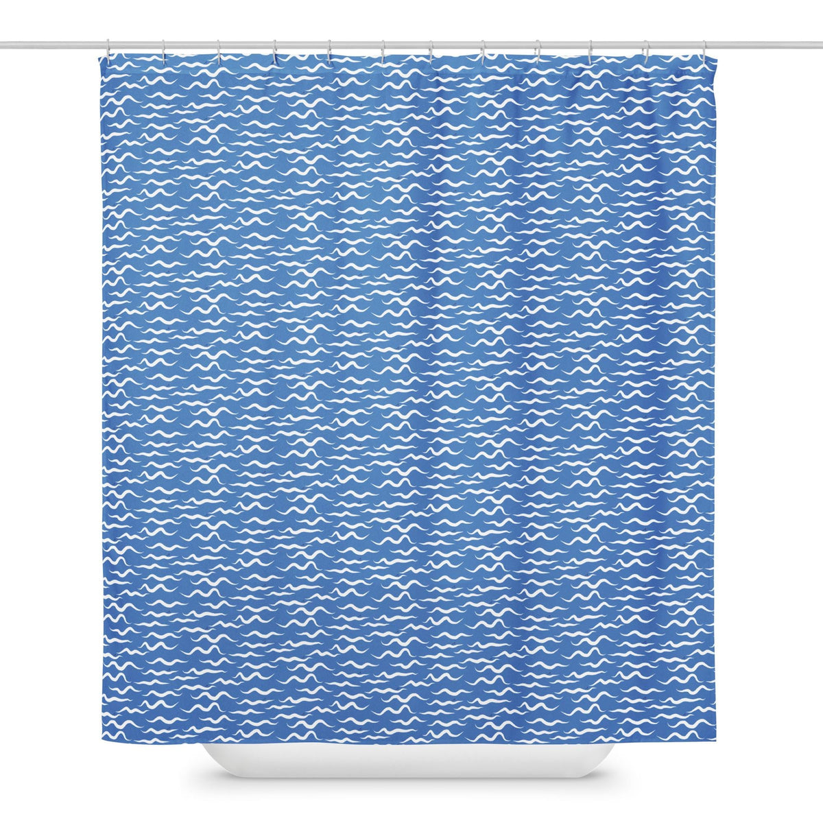 Shark Waves Blue shower curtain in blue and white by The Happy Fun Shop, photo 1 of 2