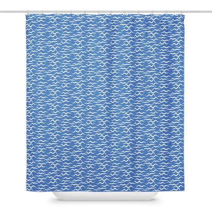 Shark Waves Blue shower curtain in blue and white by The Happy Fun Shop, photo 1 of 2
