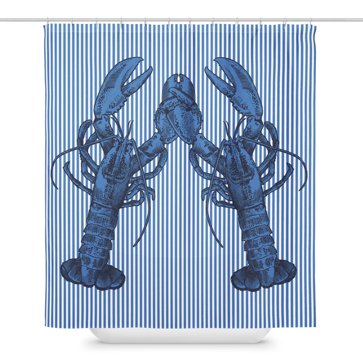 Nauti Love Lobster shower curtain in navy and white by The Happy Fun Shop, photo 1 of 5