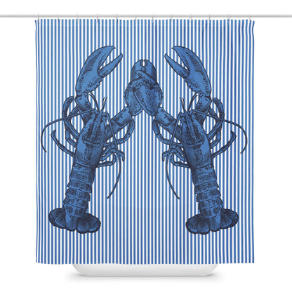 Nauti Love Lobster shower curtain in navy and white by The Happy Fun Shop, photo 1 of 5