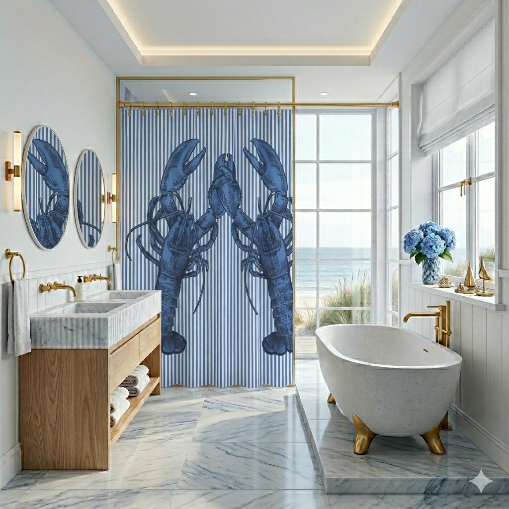 Nauti Love Lobster shower curtain in navy and white by The Happy Fun Shop, photo 4 of 5