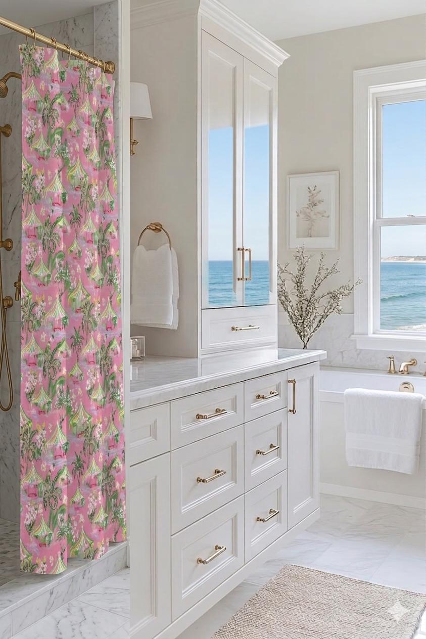 Palm Beach Tiki Hut shower curtain in pink and white by The Happy Fun Shop, photo 3 of 4