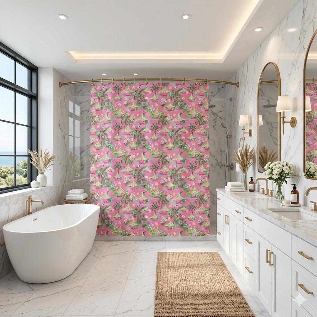 Palm Beach Tiki Hut shower curtain in pink and white by The Happy Fun Shop, photo 2 of 4