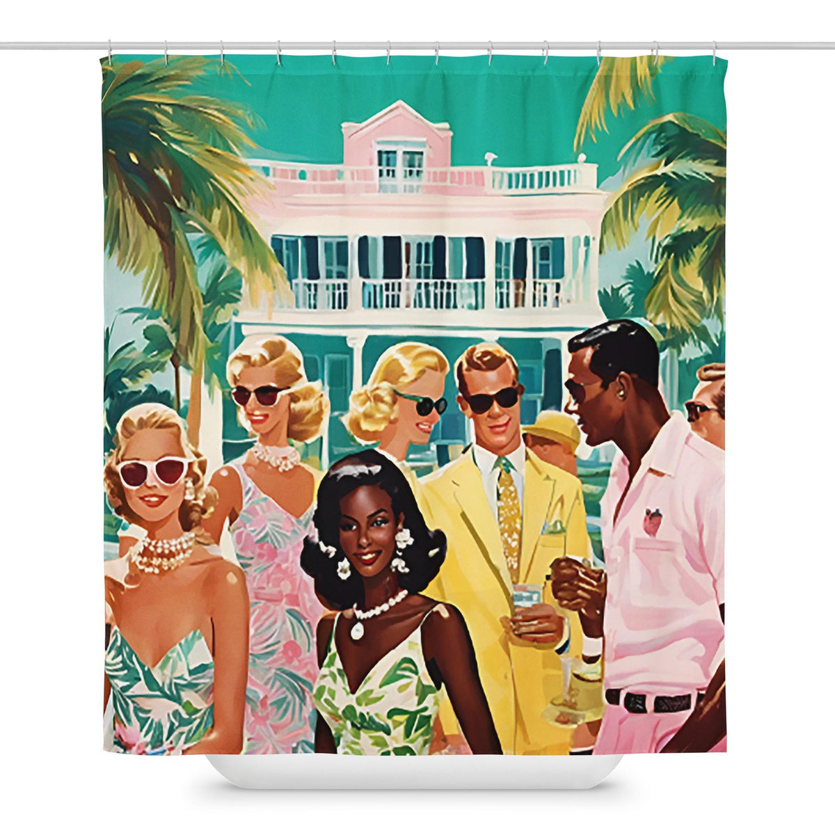 Palm Beach Party shower curtain in pink and white by The Happy Fun Shop, photo 1 of 2