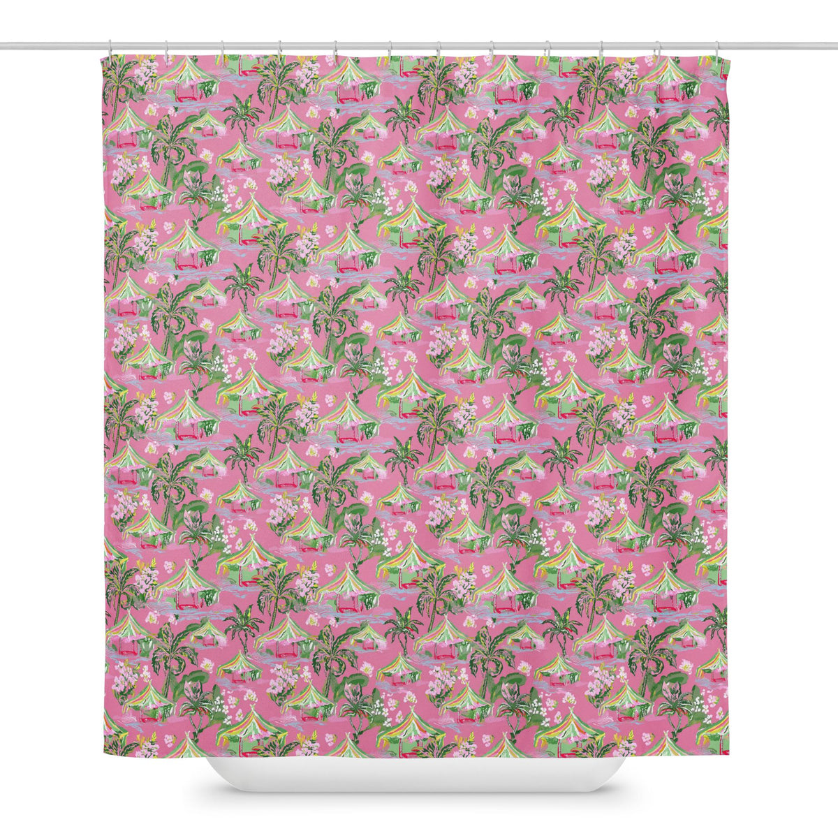 Palm Beach Tiki Hut shower curtain in pink and white by The Happy Fun Shop, photo 1 of 4