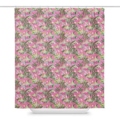 Palm Beach Tiki Hut shower curtain in pink and white by The Happy Fun Shop, photo 1 of 4