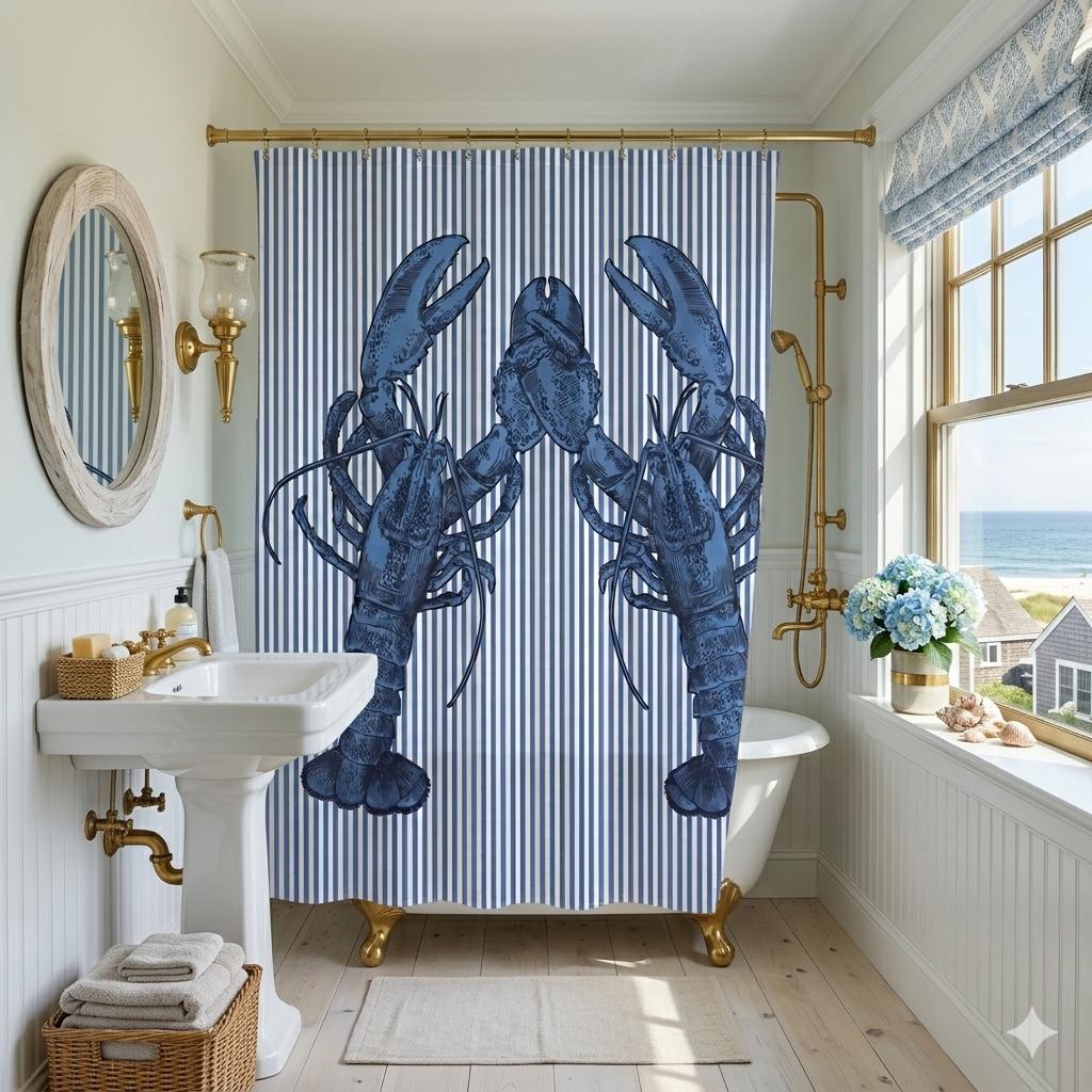 Nauti Love Lobster shower curtain in navy and white by The Happy Fun Shop, photo 3 of 5