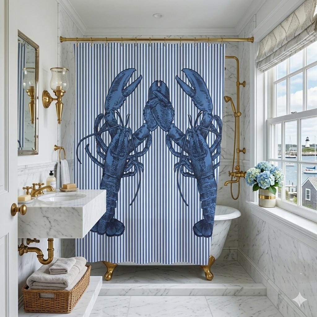 Nauti Love Lobster shower curtain in navy and white by The Happy Fun Shop, photo 2 of 5