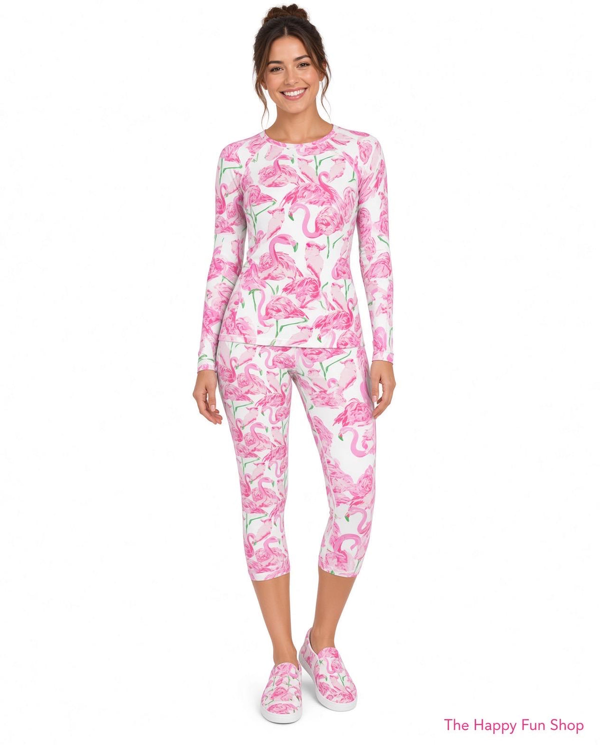 Palm Springs Flamingo Coastal Pink yoga capri leggings in pink and green by The Happy Fun Shop, photo 3 of 10