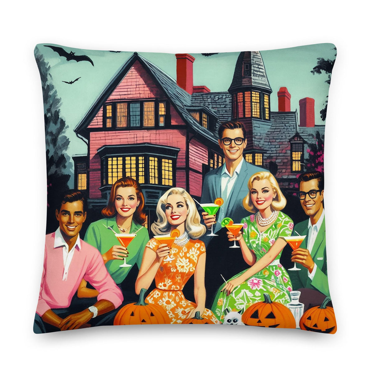 A Very Preppy House of Seven Gables Throw Pillow | Coastal Preppy Halloween Decor | Happy Fun Pink H