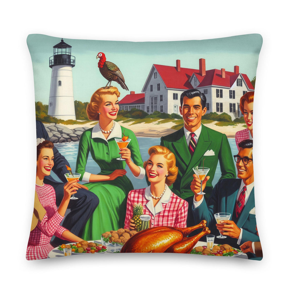 Thanksgiving Turkey and Martinis at the Lighthouse Throw Pillow | Coastal Preppy Fall Decor | Happy 