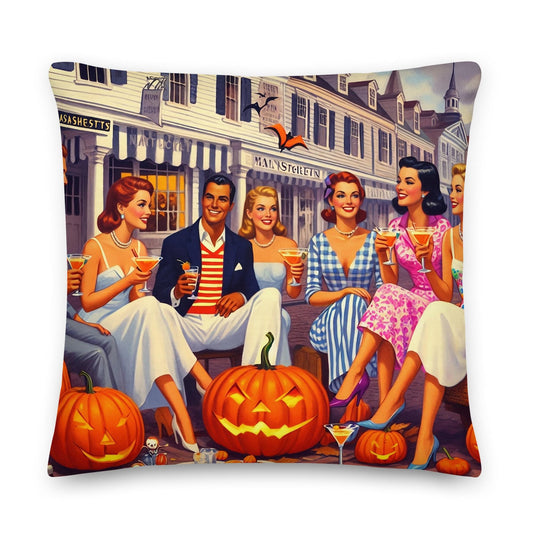 Retro Halloween Cocktail Party Throw Pillow | Coastal Preppy Fall Decor | Happy Fun Street Scene Hal