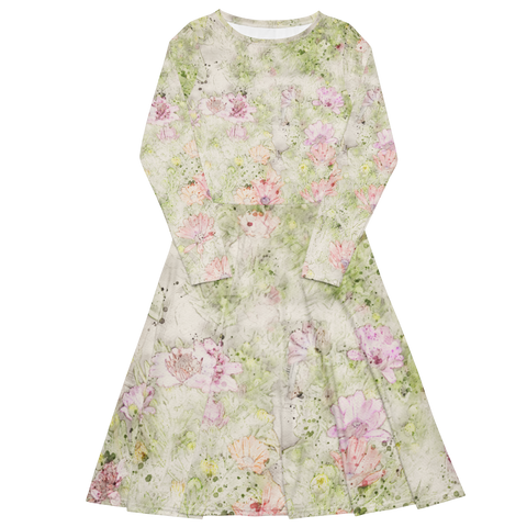 Watercolor Floral All-over print long sleeve midi dress